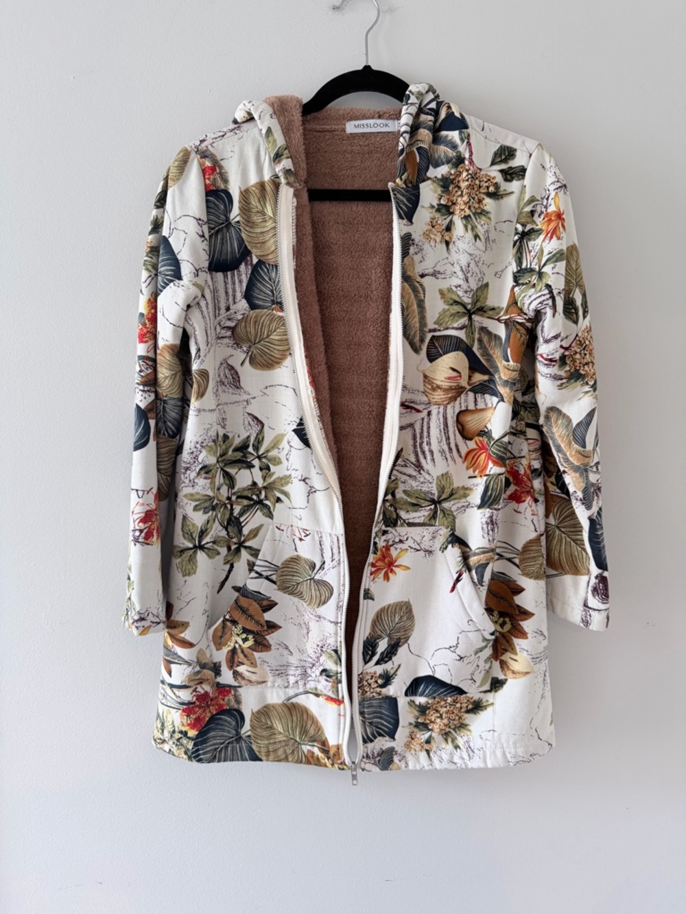 MISSLOOK Cream Floral Hooded Bomber Jacket with Olive & Rust Details